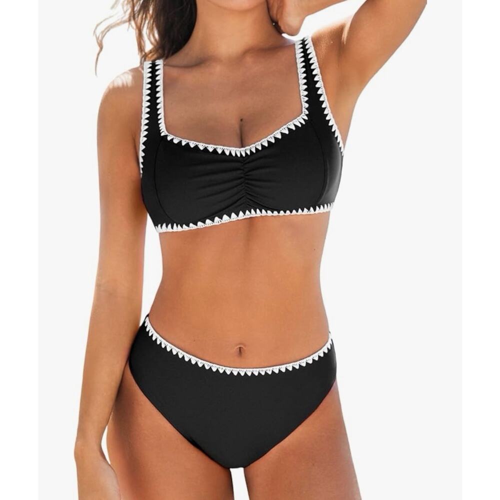 Cupshe Medium Black White Embroidered Trim High Waisted Bikini Set NWT